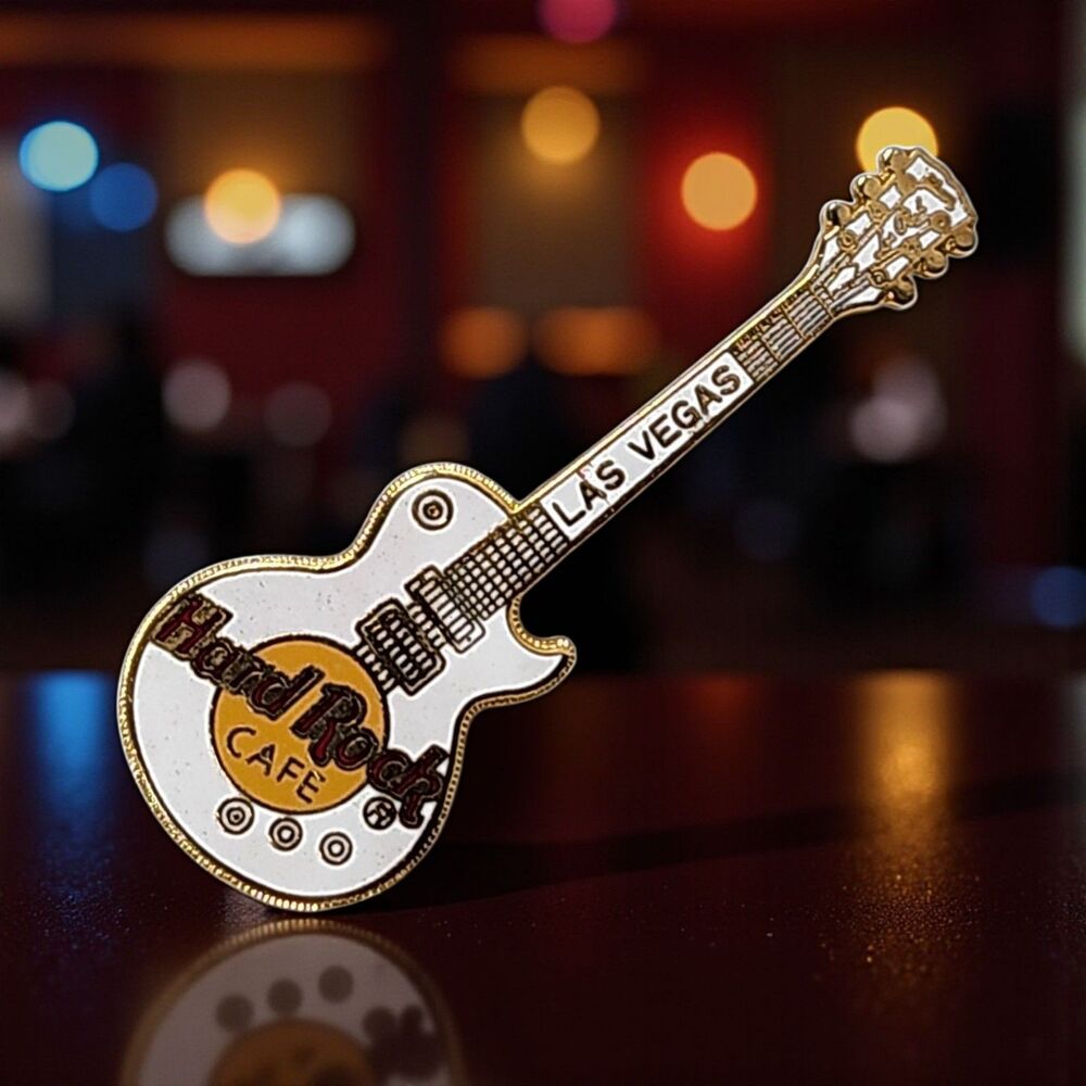 Hard Rock Cafe Las Vegas Guitar Pin White & Gold Souvenir Collectible Brooch